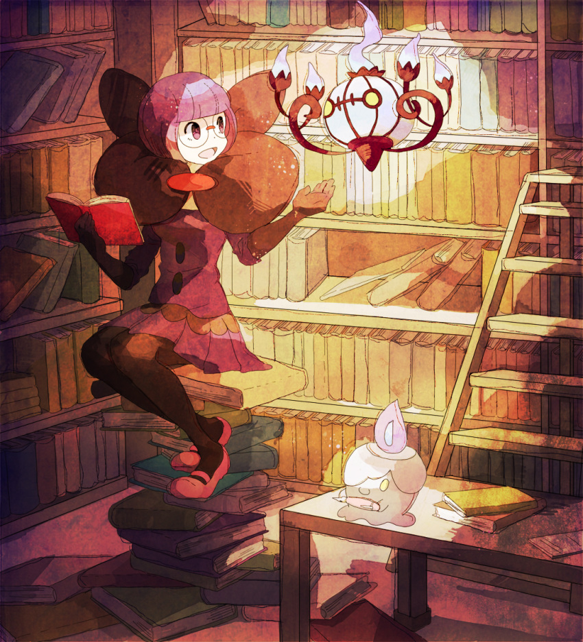 1girl bangs blunt_bangs bob_cut book bookshelf chandelure dress elbow_gloves fire glasses gloves highres ladder library litwick mary_janes mocha_(mokaapolka) open_mouth pantyhose pen pink_fire pokemon pokemon_(creature) pokemon_(game) pokemon_black_and_white pokemon_bw purple_eyes purple_hair red_shoes room shikimi_(pokemon) shoes short_hair sitting smile violet_eyes