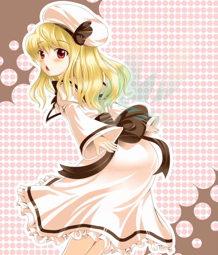 :&lt; alternate_hairstyle arudehido bad_id blonde_hair blush dress hat highres long_hair luna_child pink_dress solo touhou