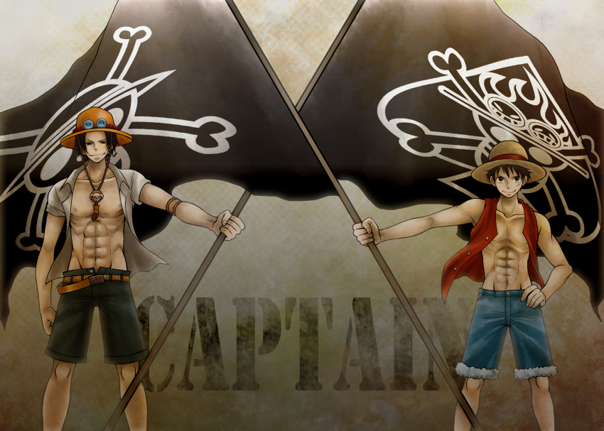 abs brothers captain flag hand_on_hip hat highres hips honey_bunny jolly_roger male monkey_d_luffy multiple_boys muscle one_piece open_clothes open_shirt pirate portgas_d_ace sad_face shirt shorts siblings smile smiley_face straw_hat straw_hats_jolly_roger vest wallpaper