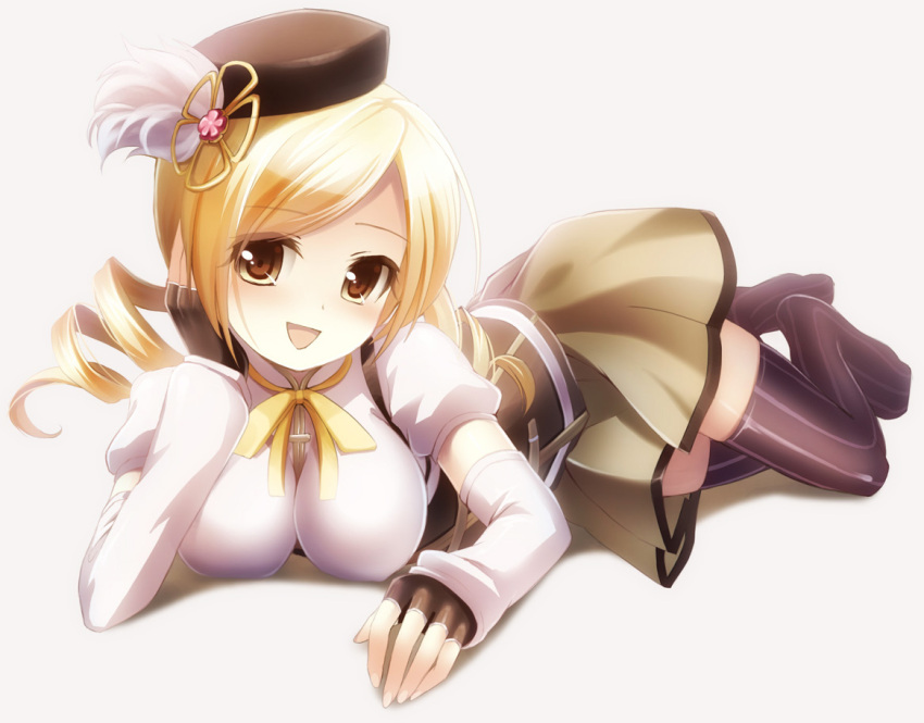 arm_support bad_id blonde_hair drill_hair fingerless_gloves gloves hands hat lying mahou_shoujo_madoka_magica on_side shiramori_yuse smile solo thigh-highs thighhighs tomoe_mami twintails vertical-striped_legwear vertical_stripes yuse zettai_ryouiki