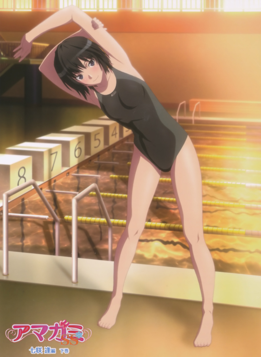 amagami barefoot black_hair blue_eyes blush competition_swimsuit cover dvd_cover evening highres nanasaki_ai official_art one-piece_swimsuit pool poolside short_hair smile standing stretch swimsuit twilight water