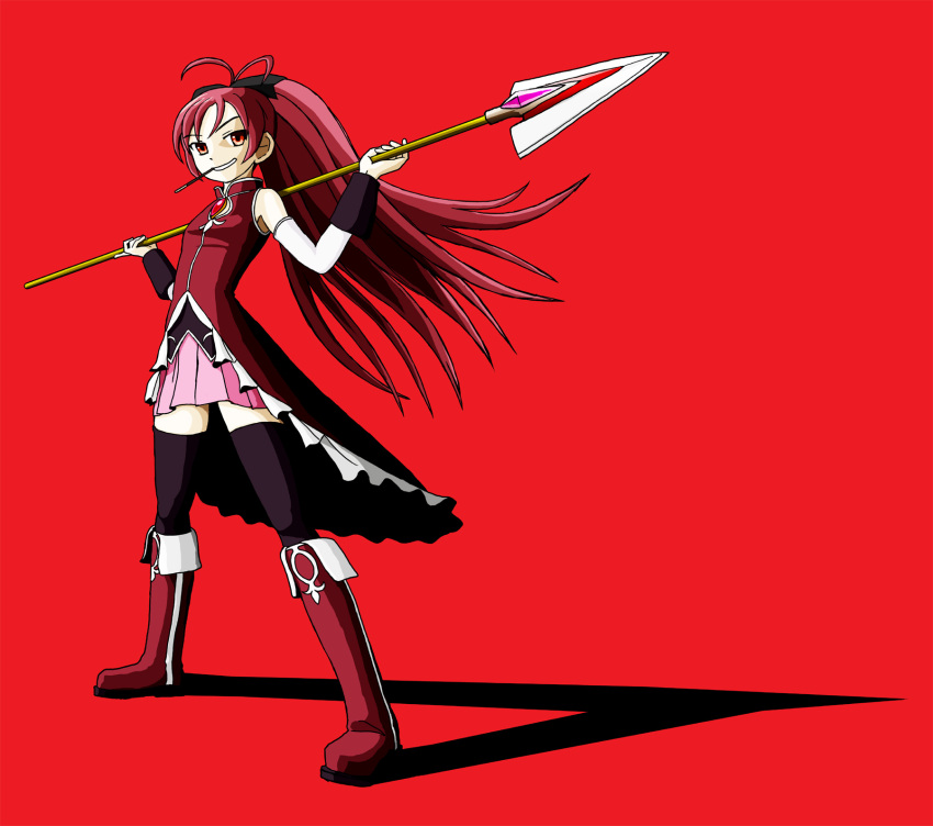 4440 bare_shoulders boots grin highres knee_boots long_hair magical_girl mahou_shoujo_madoka_magica mouth_hold pocky polearm ponytail red red_background red_eyes red_hair redhead sakura_kyouko shadow simple_background smile solo spear standing thigh-highs thighhighs weapon zettai_ryouiki