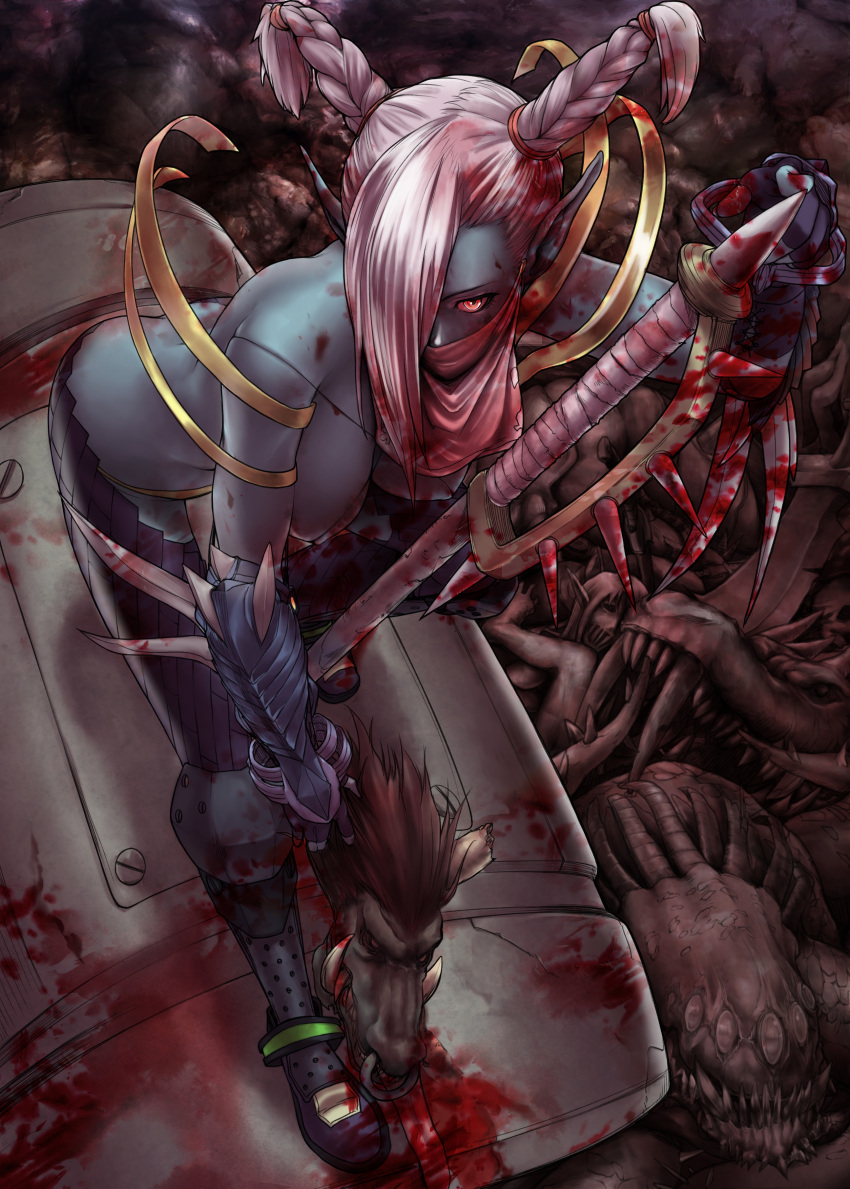 bad_id bare_shoulders blood blood_stain blue_skin boots braid breasts dark_skin demon_girl elf fingerless_gloves gauntlets gloves hair_over_one_eye highres large_breasts monster monster_girl original pink_eyes pink_hair pointy_ears red_eyes scar scarf solo sunabe twin_braids weapon white_hair