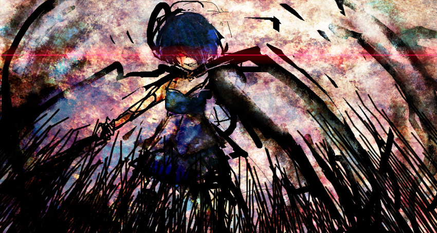 bad_id blue_hair grin kurokii mahou_shoujo_madoka_magica miki_sayaka red_eyes short_hair smile spoilers