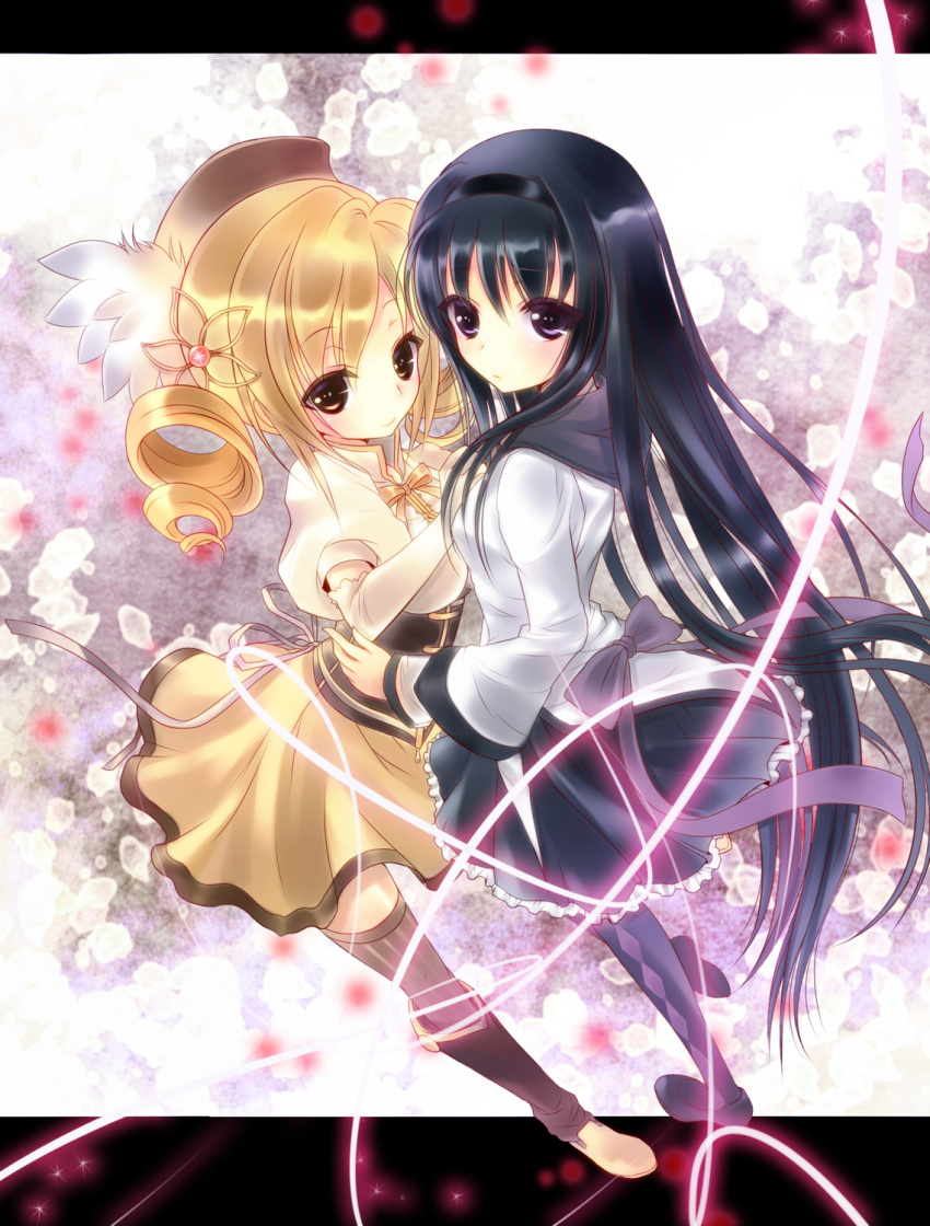akemi_homura black_eyes black_hair blonde_hair boots drill_hair glowing hairband hand_on_another's_chest hand_on_chest hand_on_waist hat highres hug letterboxed long_hair mahou_shoujo_madoka_magica maryquant multiple_girls pantyhose perspective smile thigh-highs thighhighs thread tomoe_mami very_long_hair
