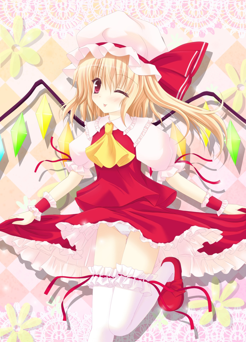 ;p blonde_hair blush flandre_scarlet garters hat highres konitan panties pantyshot red_eyes shimotsuki_keisuke short_hair side_ponytail skirt solo the_embodiment_of_scarlet_devil thigh-highs thighhighs thighthighs tongue touhou underwear white_panties wings wink zettai_ryouiki