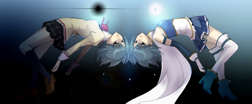 blue_hair boots cape dual_persona grief_seed highres kasumi_(pluvieux_tigre) kneehighs magical_girl mahou_shoujo_madoka_magica miki_sayaka mirror_opposites misu_kasumi short_hair soul_gem spoilers symmetry tears thigh-highs thighhighs zettai_ryouiki