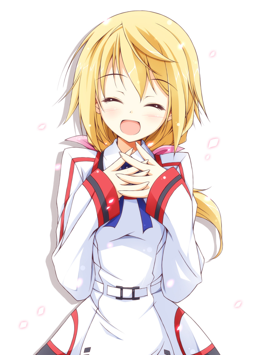 :d ^_^ altivr blonde_hair bust charlotte_dunois closed_eyes eyes_closed hands_clasped happy highres infinite_stratos kanzaki_sora open_mouth petals ponytail school_uniform smile solo track_jacket