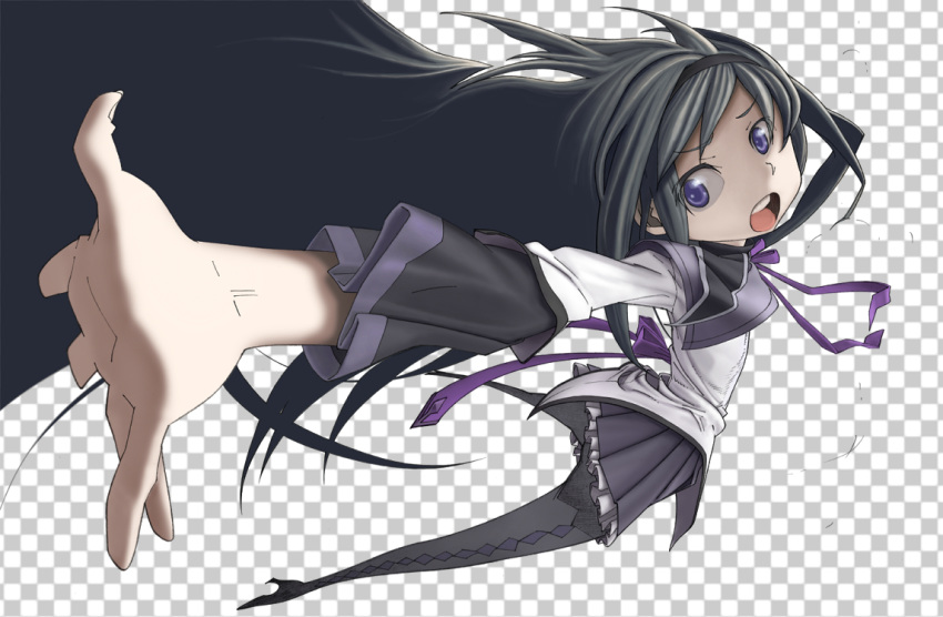 akemi_homura bad_id black_hair checkered checkered_background face foreshortening hairband hands high_heels long_hair magical_girl mahou_shoujo_madoka_magica o0o open_mouth outstretched_arms pantyhose purple_eyes shoes solo spread_arms violet_eyes