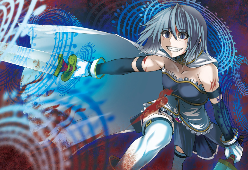 bare_shoulders blood bloody_tears blue_eyes blue_hair cape circle concentric_circles dual_wielding gloves grin highres magical_girl mahou_shoujo_madoka_magica miki_sayaka outstretched_arm short_hair smile solo sword tenjiku_nezumi thigh-highs thighhighs weapon white_gloves white_legwear white_thighhighs