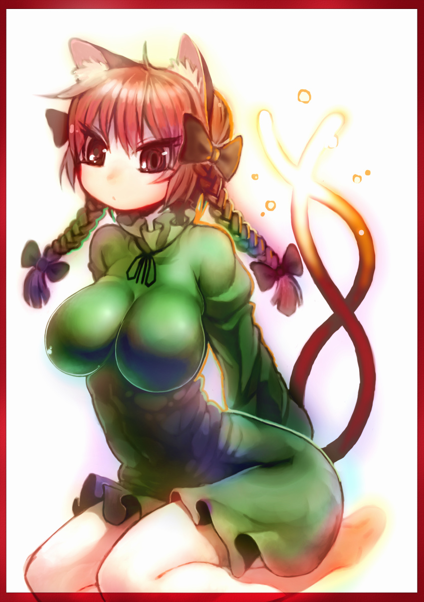 absurdres animal_ears arms_behind_back asakawa_remon border bow braid breasts cat_ears cat_tail glowing hair_bow highres impossible_clothes impossible_clothing kaenbyou_rin large_breasts long_hair multiple_tails open_mouth red_border red_eyes red_hair redhead solo tail touhou twin_braids twintails