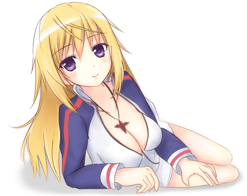 blush breasts charlotte_dunois cleavage foreshortening infinite_stratos jewelry kirimoti34 long_hair lying on_side pendant purple_eyes smile solo violet_eyes