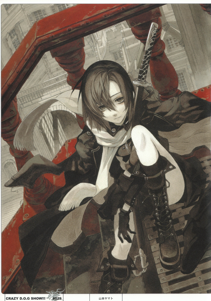 black_eyes black_hair boots cross-laced_footwear dogs:_bullets_&amp;_carnage dogs_(manga) fuyumine_naoto gloves highres katana kneeling lace-up_boots laced-up_boots scan scarf solo sword weapon yamamoto_yamato