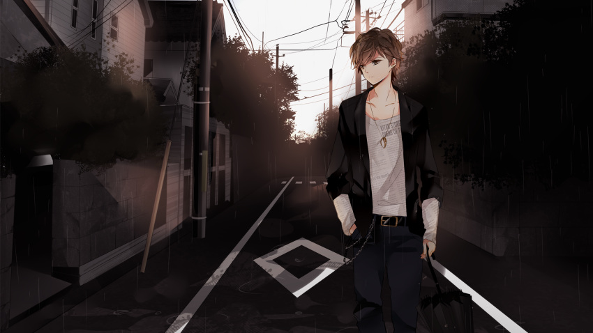 brown_eyes brown_hair casual cityscape collarbone hand_in_pocket hatsuko highres house jewelry male necklace open_clothes open_jacket original pendant pole rain realistic short_hair solo street town umbrella yellow_eyes