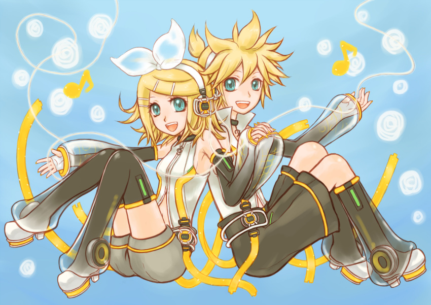 aqua_eyes back_to_back blonde_hair choker detached_sleeves hair_bow hairclip headphones highres holding_hands kagamine_len kagamine_len_(append) kagamine_rin kagamine_rin_(append) leg_warmers len_append musical_note nail_polish navel navel_cutout open_mouth popped_collar rin_append see_through short_hair shorts vocaloid vocaloid_append