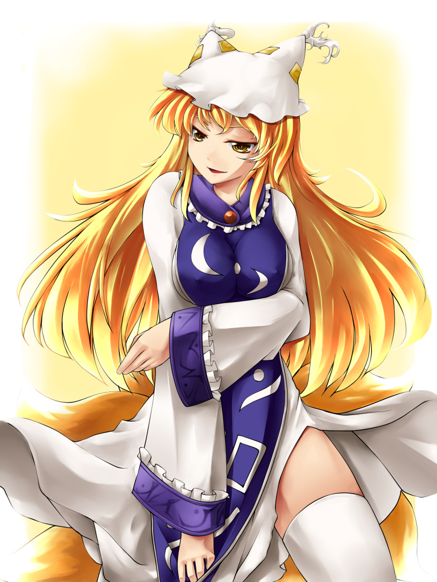 alternate_hairstyle animal_ears blonde_hair erect_nipples fox_ears fox_tail gin_kagami hat highres long_hair multiple_tails solo tail thigh-highs thighhighs touhou yakumo_ran yellow_eyes