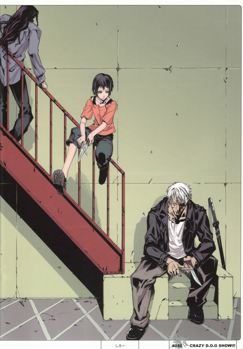 black_hair blue_eyes capri_pants character_request dogs:_bullets_&amp;_carnage dogs_(manga) fuyumine_naoto highres long_hair magato male scan shiroo stairs white_hair young