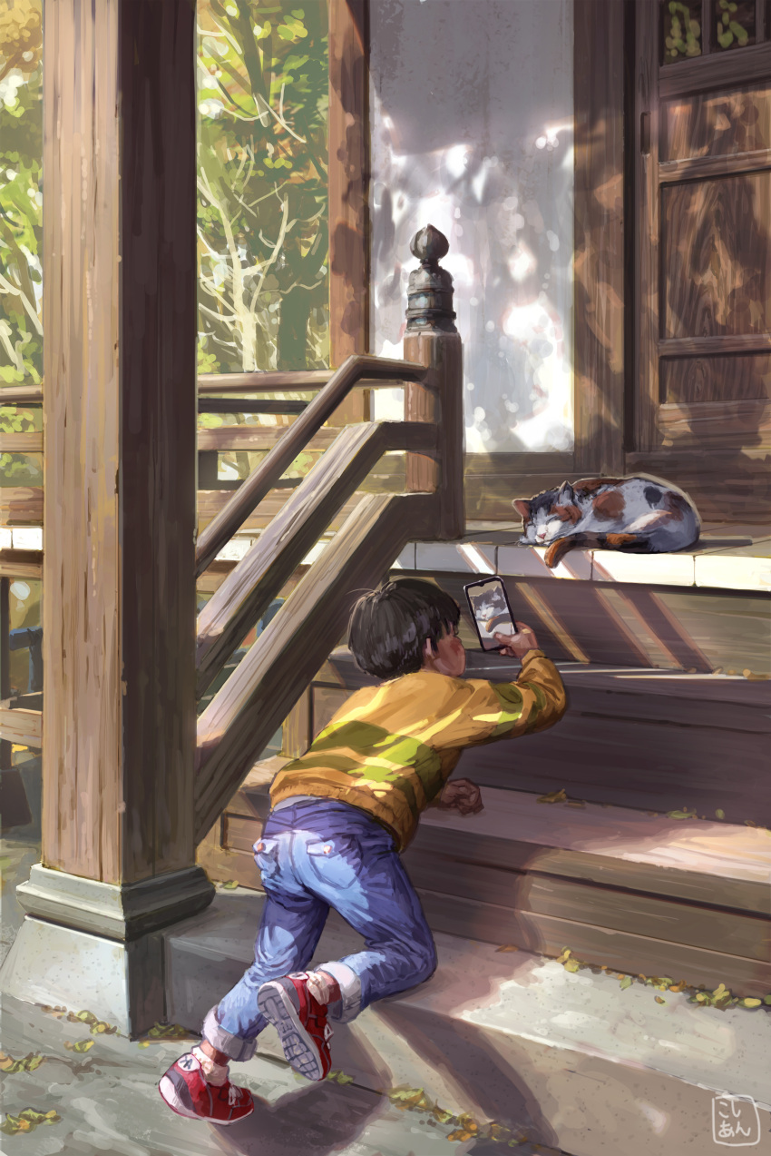 1boy absurdres animal black_hair cat cellphone child commentary crawling dappled_sunlight denim highres holding jeans kosian original pants phone scenery short_hair sleeping smartphone stairs sunlight taking_picture