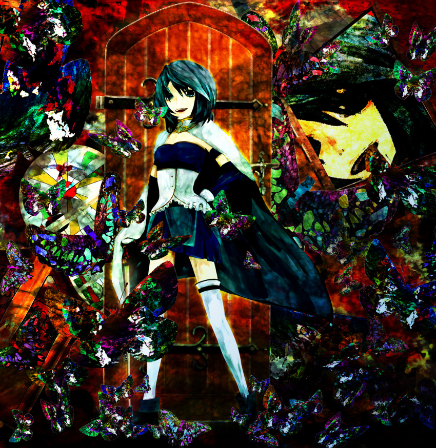 bad_id blue_eyes blue_hair butterfly cape door face highres magical_girl mahou_shoujo_madoka_magica miki_sayaka short_hair smile solo thigh-highs thighhighs white_legwear white_thighhighs witch's_labyrinth witch's_labyrinth yamasemi
