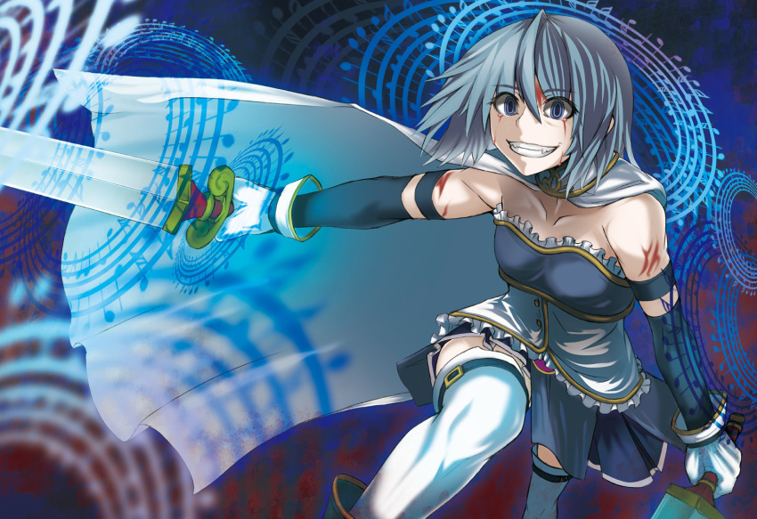 bad_id bare_shoulders blood bloody_tears blue_eyes blue_hair cape circle concentric_circles dual_wielding gloves grin highres magical_girl mahou_shoujo_madoka_magica miki_sayaka outstretched_arm short_hair smile solo sword tenjiku_nezumi thighhighs weapon white_gloves white_legwear white_thighhighs