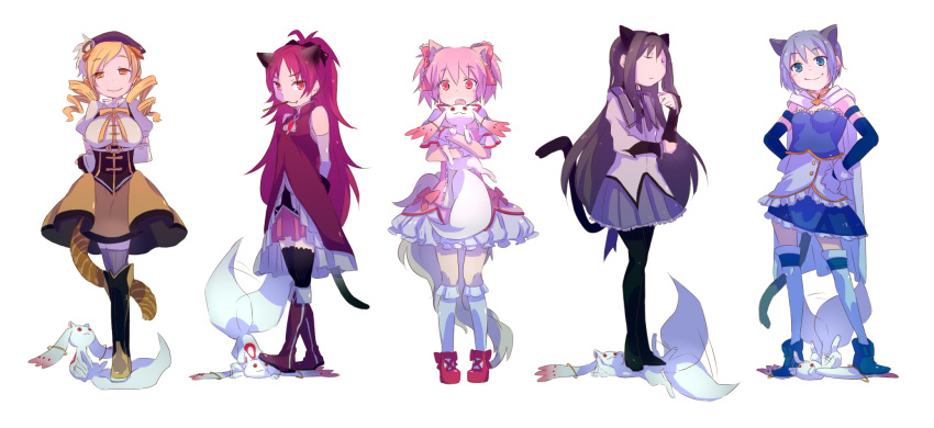 akemi_homura animal_ears beret black_hair blonde_hair blue_eyes blue_hair boots bubble_skirt cat_ears cat_tail closed_eyes detached_sleeves drill_hair eyes_closed fang hands_in_pockets hands_on_hips hat highres hug kaname_madoka kemonomimi_mode knee_boots kneehighs kyouno_(414119san) kyubey kyuubee magical_girl mahou_shoujo_madoka_magica miki_sayaka mouth_hold multiple_girls pantyhose pink_hair pocky ponytail puffy_sleeves red_eyes red_hair redhead sakura_kyouko shoes simple_background smile stepped_on tail tail_wagging thigh-highs thighhighs tomoe_mami yellow_eyes zettai_ryouiki