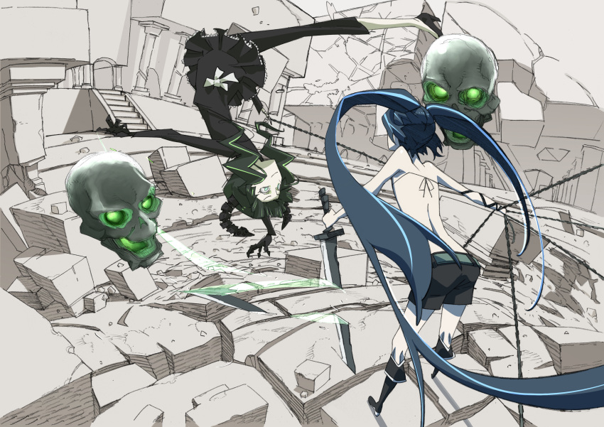 absurdres bad_id bare_shoulders battle bikini_top black_hair black_rock_shooter black_rock_shooter_(character) blue_hair boots chain chains dead_master debris glowing glowing_eyes green_eyes highres horns knee_boots long_hair multiple_girls o0o shorts sketch skull sword twintails very_long_hair weapon