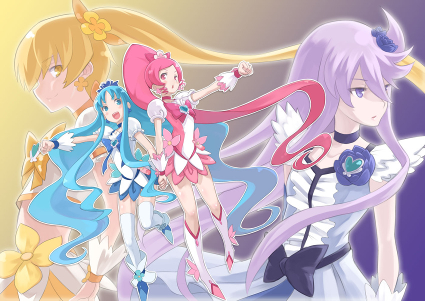 :p ahoge bad_id blonde_hair blue_dress blue_eyes blue_hair boots bow brooch choker cure_blossom cure_marine cure_moonlight cure_sunshine dress earrings flower gradient gradient_background hair_flower hair_ornament hair_ribbon hanasaki_tsubomi hand_holding happy heartcatch_precure! holding_hands jewelry kurumi_erika long_hair magical_girl midriff mofu myoudouin_itsuki open_mouth payot pink_dress pink_eyes pink_hair ponytail precure purple_background purple_eyes purple_hair ribbon serious shoes smile thigh-highs thighhighs tongue tsukikage_yuri very_long_hair violet_eyes wrist_cuffs yellow_background yellow_eyes