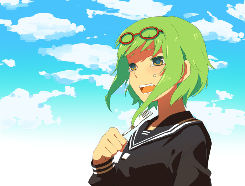 cry crying female fork glasses glasses_on_head green_eyes green_hair gumi glasses multicolored_eyes sad seifuku serafuku short_hair sky solo tears vocaloid yellow_eyes yowamushi_mont-blanc_(vocaloid)