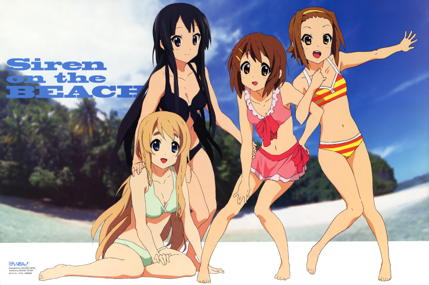 absurdres akiyama_mio barefoot bikini black_eyes black_hair blonde_hair blue_eyes breasts brown_eyes brown_hair cleavage feet hairband headband highres hirasawa_yui k-on! kotobuki_tsumugi long_hair multiple_girls short_hair striped striped_bikini striped_swimsuit swimsuit tainaka_ritsu ueno_chiyoko very_long_hair