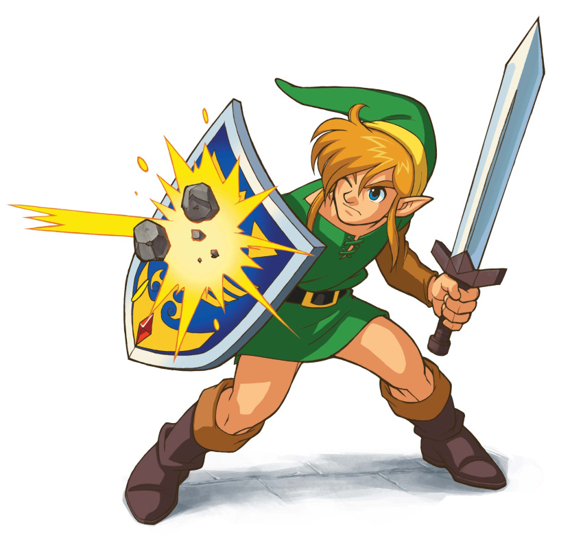 a_link_to_the_past belt blonde_hair blue_eyes boots cap hylian link male official_art pointy_ears shield simple_background sleeves sword the_legend_of_zelda tunic