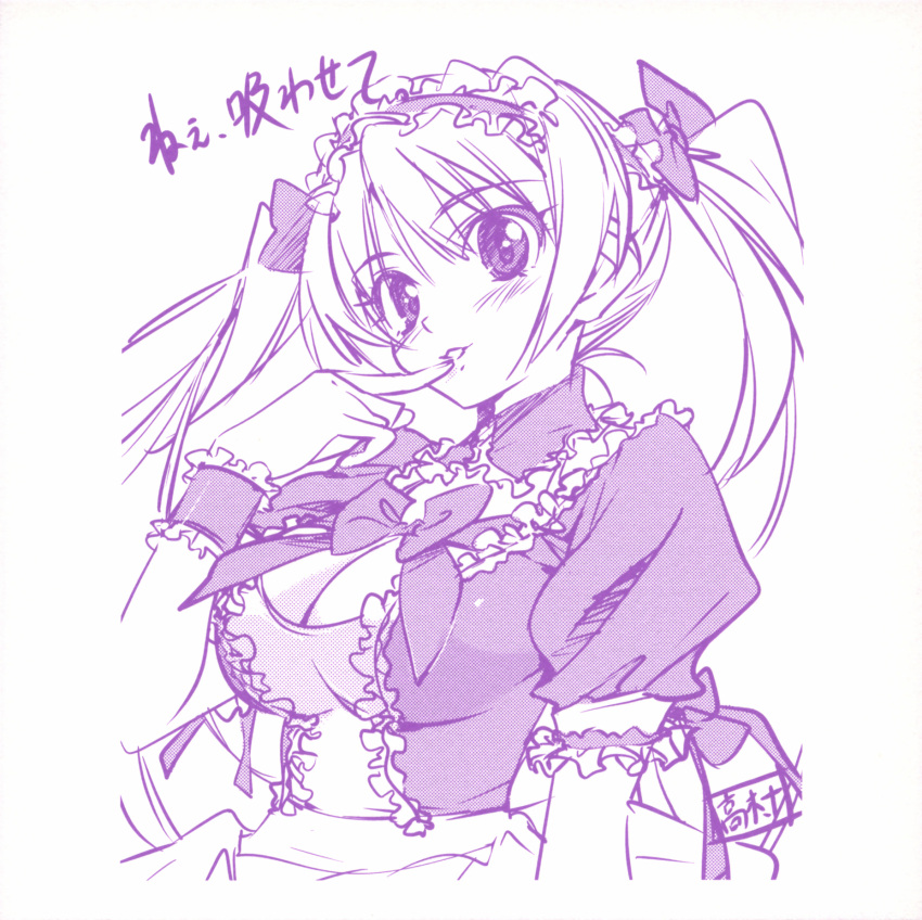 blush bow breasts cleavage finger_to_mouth frills hair_bow highres long_hair maid maid_headdress monochrome queen's_blade queen's_blade smile solo takamura_kazuhiro turtleneck twintails