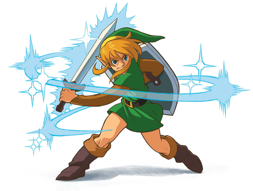 a_link_to_the_past belt blonde_hair blue_eyes boots cap hylian link male official_art pointy_ears shield simple_background sleeves solo sword the_legend_of_zelda tunic