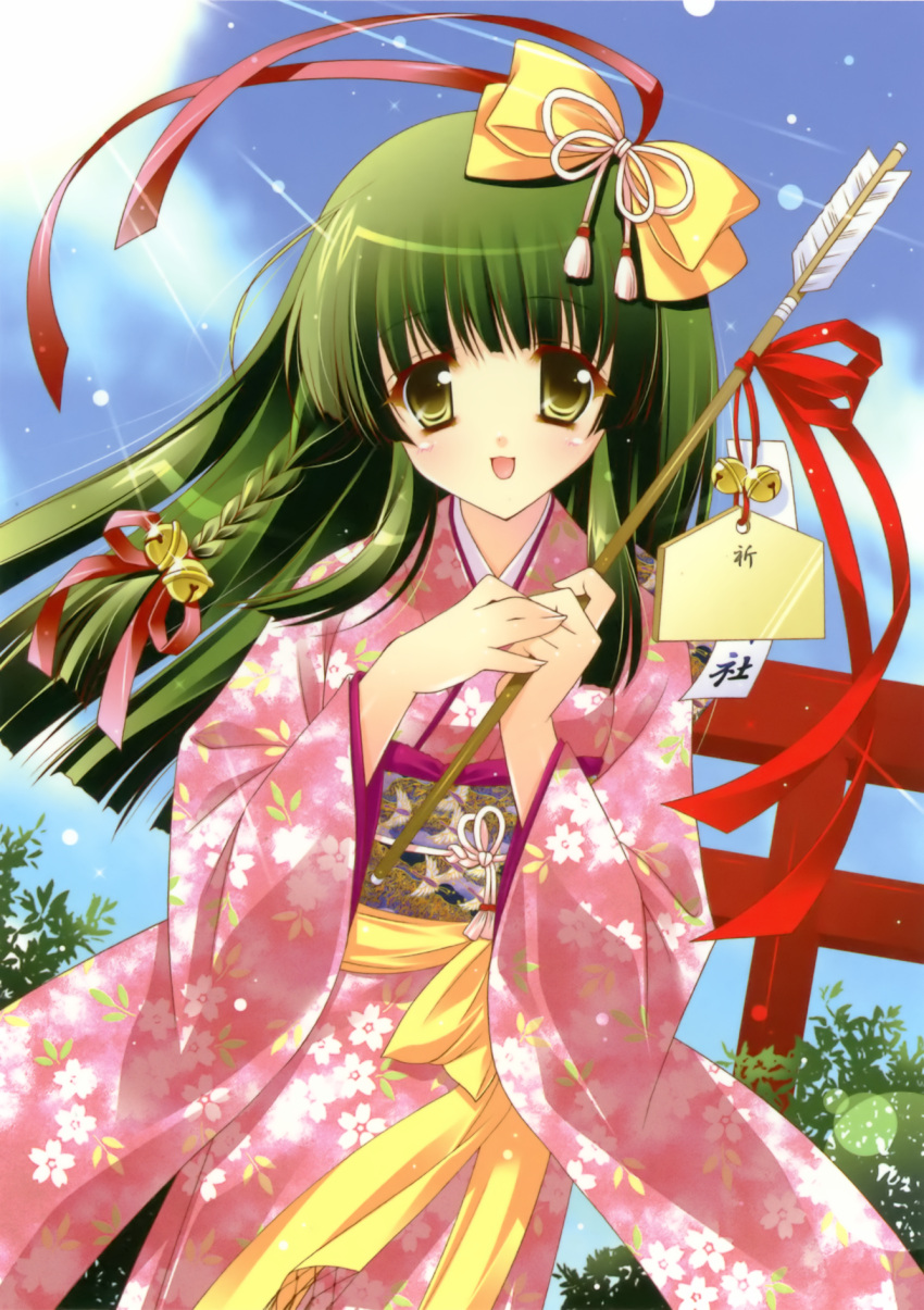 arrow blush ema hamaya highres japanese_clothes kimono long_hair ribbon shigunyan torii