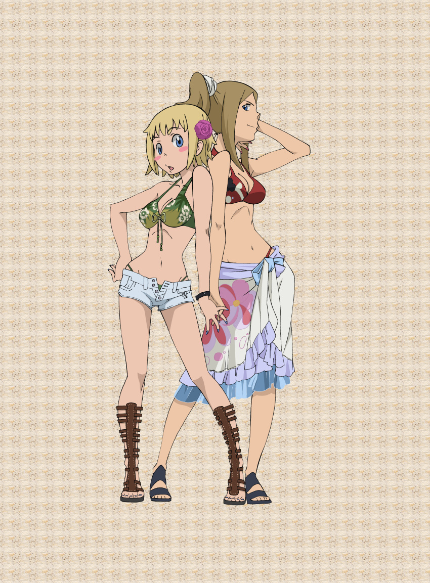 absurdres bikini bikini_top blue_eyes blush_stickers breasts cleavage elizabeth_thompson front-tie_top highres midriff multiple_girls navel patricia_thompson ponytail sandals sarong short_shorts shorts soul_eater swimsuit swimsuit unbuttoned