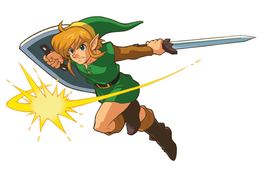 a_link_to_the_past belt blonde_hair blue_eyes boots cap hylian jumping link male official_art pointy_ears shield simple_background sleeves sword the_legend_of_zelda tunic