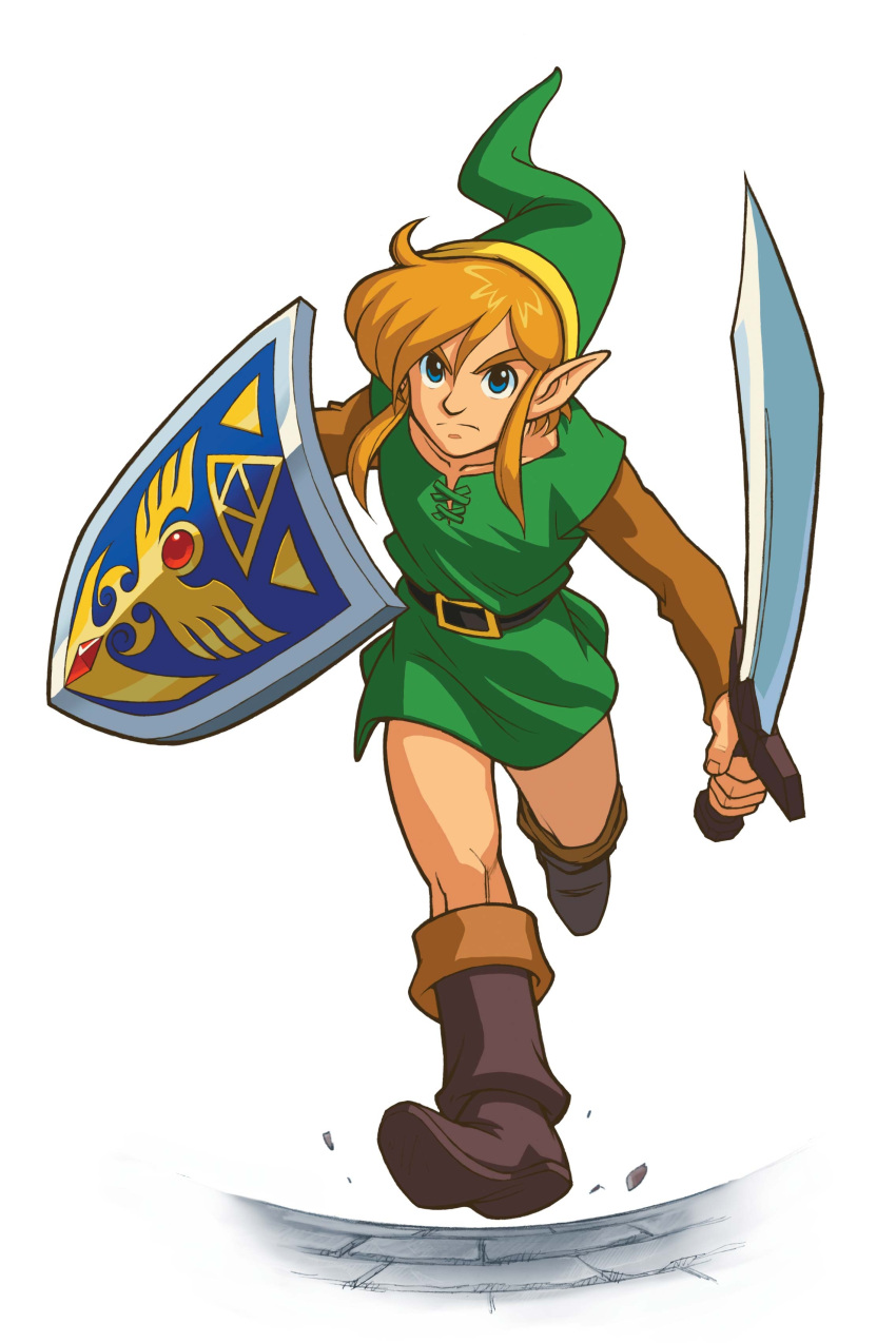 a_link_to_the_past blonde_hair blue_eyes boots cap hylian link male official_art pointy_ears running shield simple_background sleeves sword the_legend_of_zelda tunic