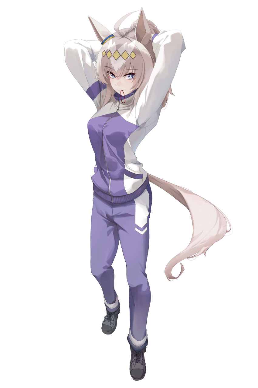 1girl absurdres animal_ears arms_behind_head arms_up black_shoes blue_eyes commentary_request diamond_hairband full_body grey_hair grey_tail highres horse_ears horse_girl horse_tail jacket kasamatsu_tracen_training_uniform long_hair looking_at_viewer mouth_hold multicolored_hair multicolored_jacket oguri_cap_(umamusume) pants ponytail purple_jacket purple_pants purple_track_suit shoes simple_background solo standing streaked_hair tail track_jacket track_pants track_suit two-tone_jacket ukinon umamusume umamusume:_cinderella_gray white_background white_streaks