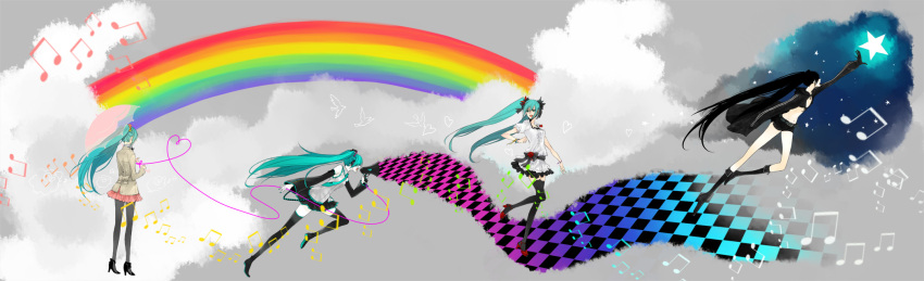 black_rock_shooter black_rock_shooter_(character) casual green_hair hatsune_miku highres katase_waka koi_wa_sensou_(vocaloid) long_image melt_(vocaloid) midriff navel rainbow songover star thighhighs twintails vocaloid wide_image world_is_mine_(vocaloid)