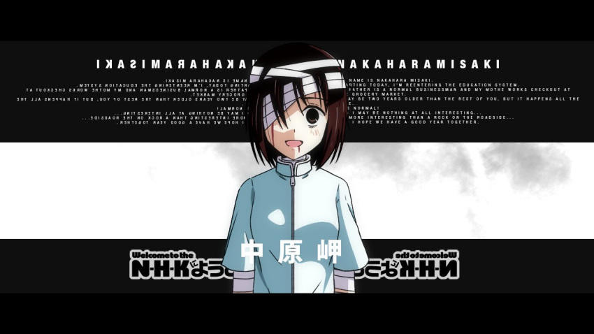 1girl :d arms_at_sides bandage_over_one_eye bandaged_arm bandaged_head bandages black_background black_border blood blood_in_mouth blood_on_face blue_shirt blush bob_cut border breasts brown_eyes brown_hair character_name close-up commentary copyright_name english_text hair_between_eyes hair_over_one_eye injury letterboxed looking_at_viewer mirrored_text nakahara_misaki nhk_ni_youkoso! open_mouth romaji_text shirt short_hair small_breasts smile solo sonikkusupin upper_body white_background wide-eyed zipper_pull_tab
