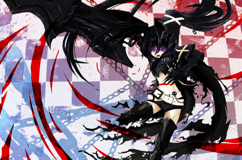 armor auer belt beltskirt black_hair black_rock_shooter boots chain gauntlets glowing glowing_eyes greaves highres huge_weapon insane_black_rock_shooter long_hair midriff navel pale_skin purple_eyes scar shorts solo stitches thigh_boots thighhighs torn_clothes twintails weapon
