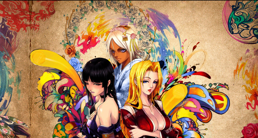 bare_shoulders black_hair bleach blonde_hair braid breasts choker cleavage dark_skin flower hair_ornament highres japanese_clothes kimono kurotsuchi_nemu large_breasts long_hair matsumoto_rangiku mole purple_eyes sad sayo_tanku shihouin_yoruichi short_hair single_braid snyp sweat undressing violet_eyes white_hair