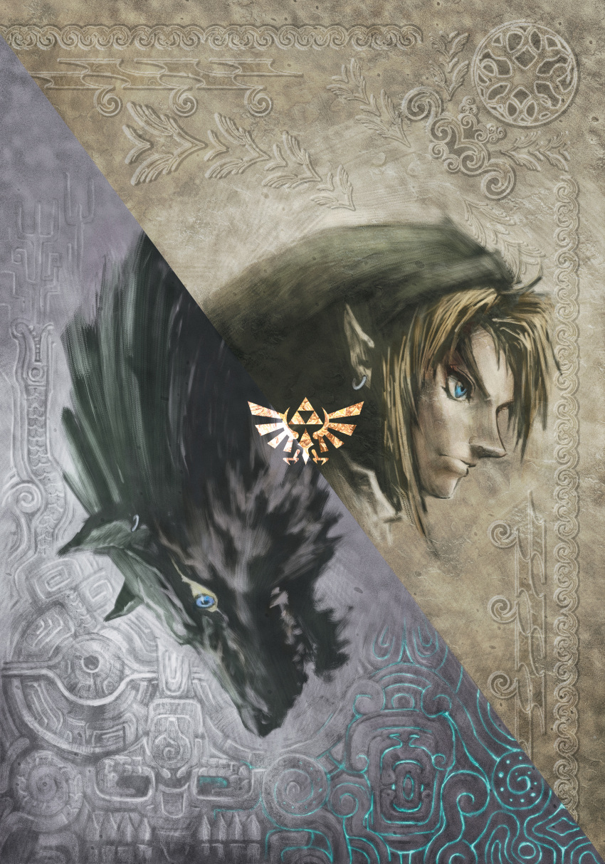 animal blonde_hair blue_eyes cap dual_persona earrings link male official_art pointy_ears the_legend_of_zelda triforce twilight_princess wolf wolf_link