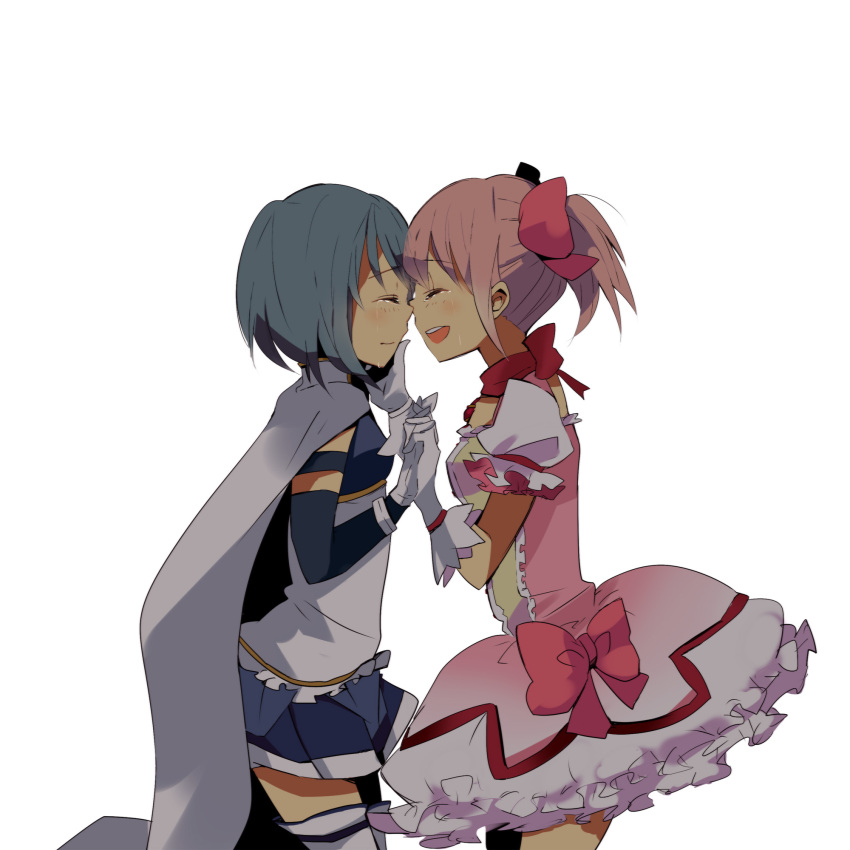 blue_hair bow bubble_skirt cape closed_eyes error eyes_closed face-to-face face_to_face gloves hair_bow hand_holding hand_on_another's_face hand_on_face highres holding_hands kaname_madoka magical_girl mahou_shoujo_madoka_magica meno miki_sayaka multiple_girls nose_touching pink_hair short_hair short_twintails simple_background skirt tears thigh-highs thighhighs twintails yuri zettai_ryouiki