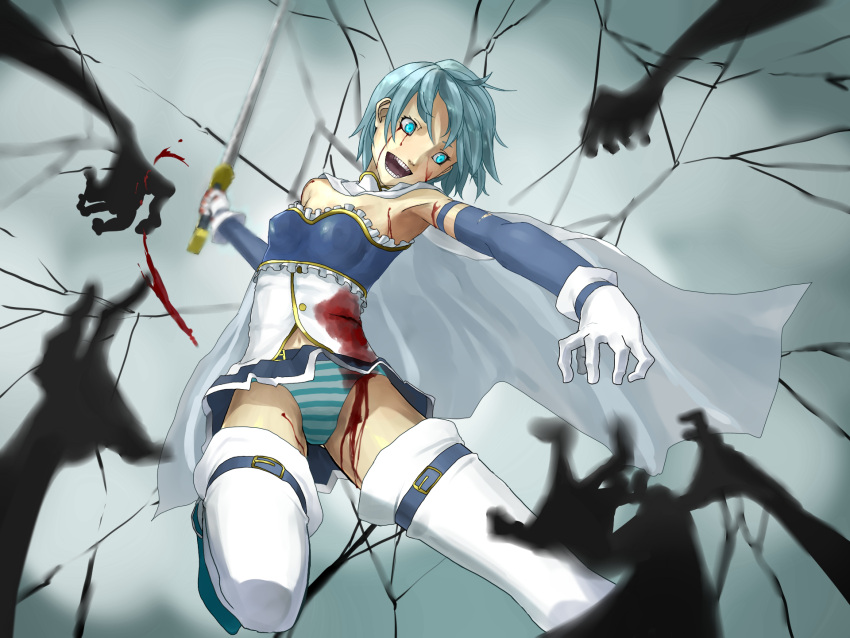 aqua_eyes bad_id bare_shoulders blood blue_hair blurry cape cuts depth_of_field doemon gloves hands highres injury magical_girl mahou_shoujo_madoka_magica miki_sayaka motion_blur multiple_hands open_mouth outstretched_arm panties short_hair solo striped striped_panties sword teeth thigh-highs thighhighs underwear weapon white_gloves white_legwear white_thighhighs witch's_labyrinth witch's_labyrinth