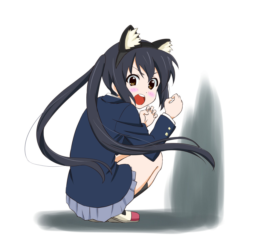 animal_ears black_hair blush cat_ears fake_animal_ears highres k-on! looking_at_viewer looking_back makeinutei nakano_azusa school_uniform solo squatting surprised twintails uwabaki