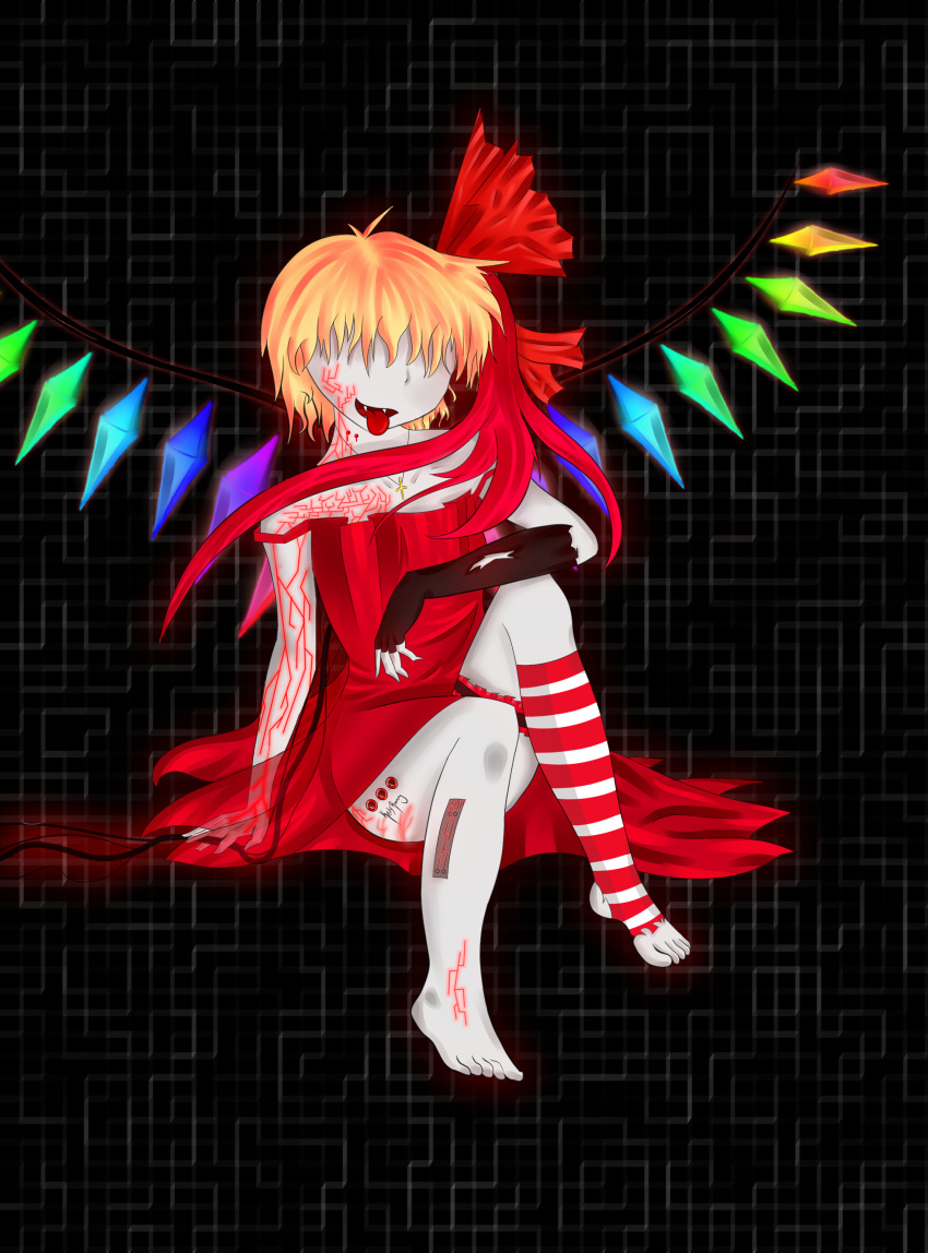 absurdres barefoot blonde_hair bow cable cords dress fangs flandre_scarlet footwear garters gloves hair highres kyrisarei no_eyes ribbon robot socks tongue torn_clothes touhou transparent wings