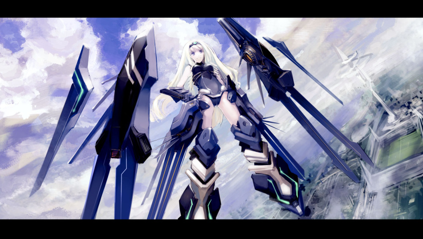 blueman bodysuit cecilia_alcott flying from_above infinite_stratos letterboxed long_hair mecha mecha_musume pilot_suit solo