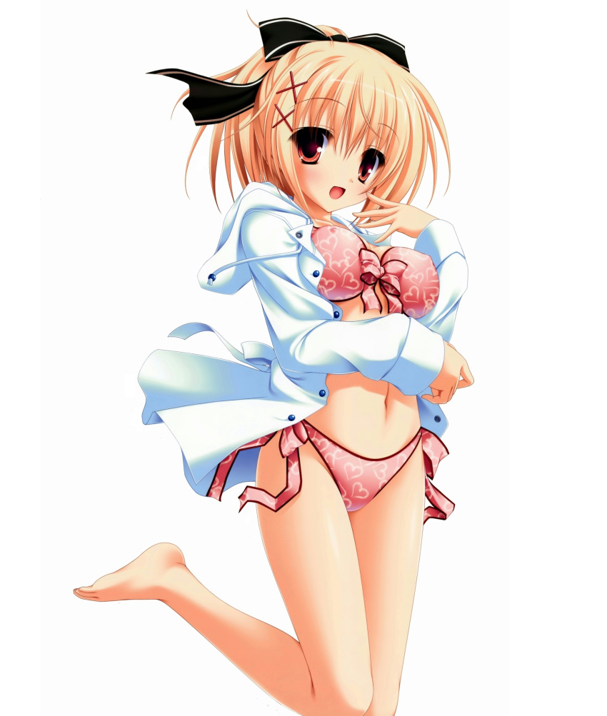 :d barefoot blonde_hair bow bow_bra bow_panties bra copyright_request erect_nipples feet front-tie_top hair_bow hair_ornament hair_ribbon hairclip heart heart_print highres lingerie mikagami_mamizu navel open_clothes open_mouth open_shirt panties pink_bra pink_panties print_bra print_panties red_eyes ribbon shirt short_hair side-tie_panties smile solo underwear