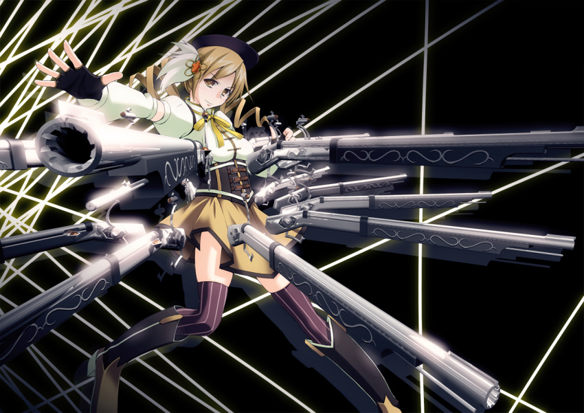 aiming_at_viewer beret blonde_hair boots breasts brown_legwear corset detached_sleeves drill_hair fingerless_gloves foreshortening gloves gun hair_ornament hairpin hat highres light_smile magical_girl magical_musket mahou_shoujo_madoka_magica outstretched_arm outstretched_hand pleated_skirt pov_aiming puffy_sleeves ribbon rifle ritz skirt smile solo taut_shirt thigh-highs thighhighs tomoe_mami twin_drills vertical-striped_legwear vertical_stripes weapon yellow_eyes zettai_ryouiki