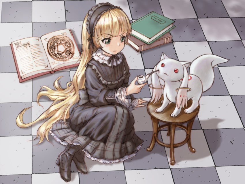 arm_support blonde_hair book boots chair checkered checkered_floor cheek_poke crossover gosick gothic gothic_fashion gothic_lolita green_eyes kyubey kyuubee lolita_fashion long_hair mahou_shoujo_madoka_magica on_floor open_book pipe poking seiyuu_joke sitting very_long_hair victorica_de_blois victorique_de_broix yoshikawa_kazunori yoshizou yuuki_aoi